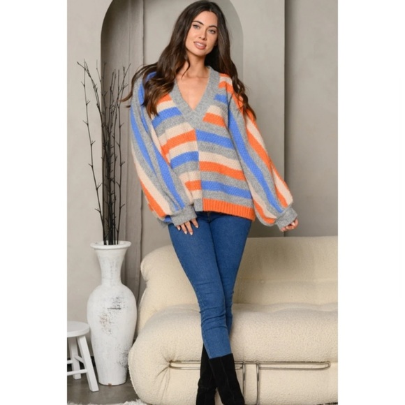 B6S💙🧡Gorgeous+soft oversized striped sweater w/ballon sleeves4desk2date! - Picture 4 of 6